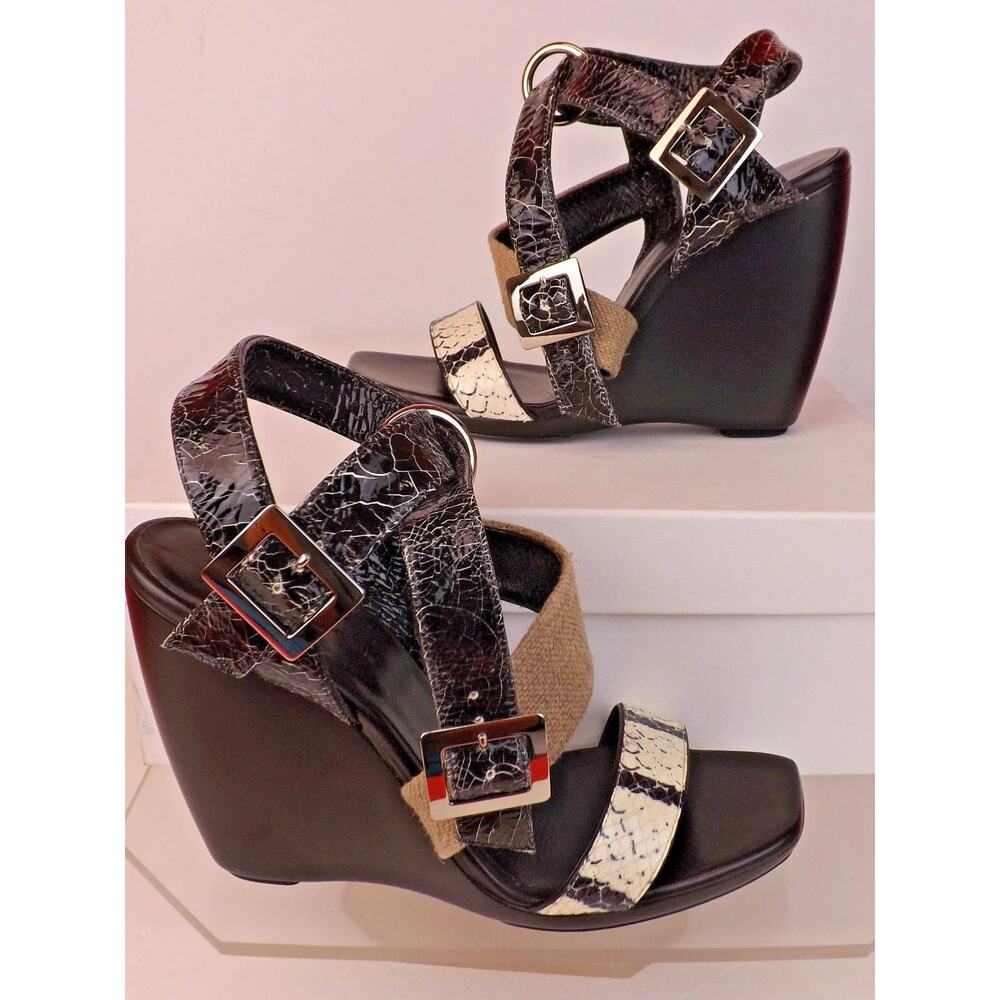 NIB BALENCIAGA BLACK CRACKED SNAKESKIN LEATHER STRAPPY WEDGE SANDALS PUMPS 38 - Picture 3 of 10